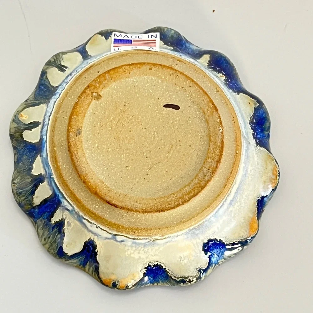 Handmade Ceramic Trinket Dish Blue Swirls Glass Center‎ Made in USA